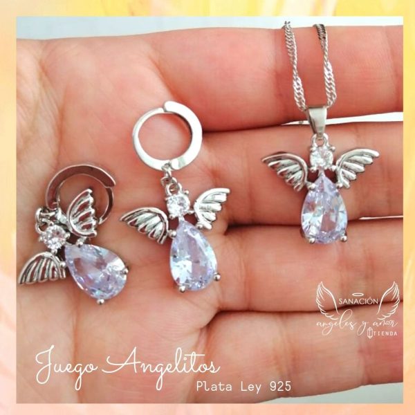 Juego Angelitos, collar y aretes en plata ley 925