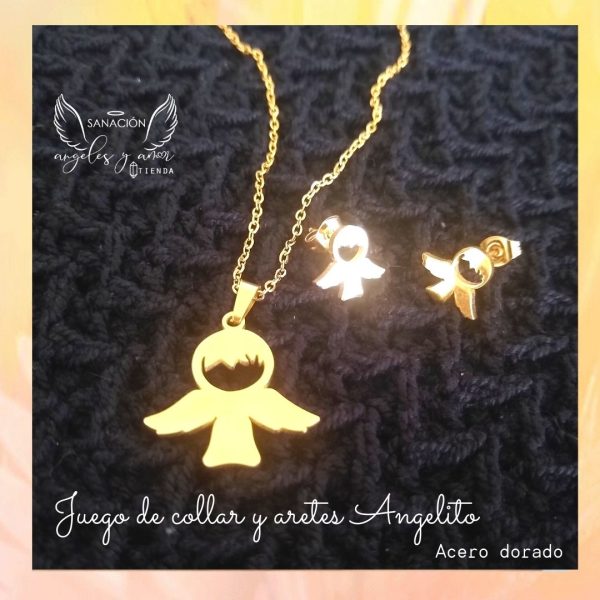 Juego de collar y aretes en acero dorado - Angelito