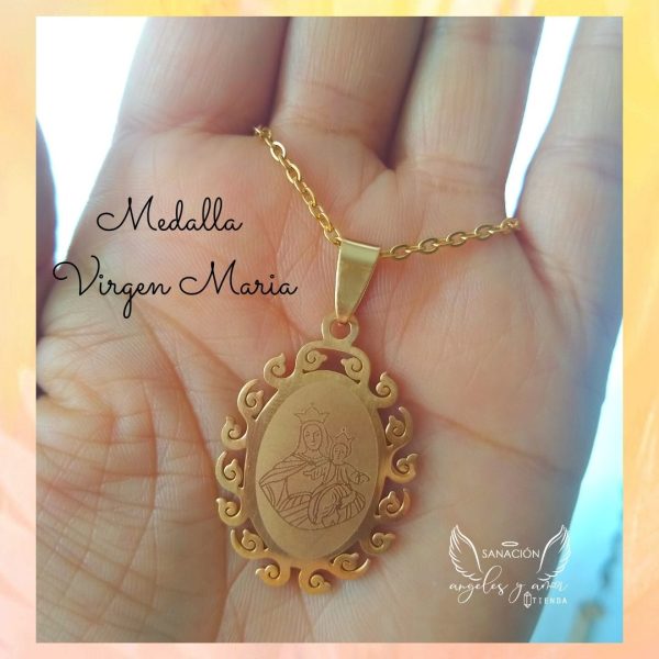 Medalla de la Virgen María con marco tamaño grande en acero dorada - Imagen 2